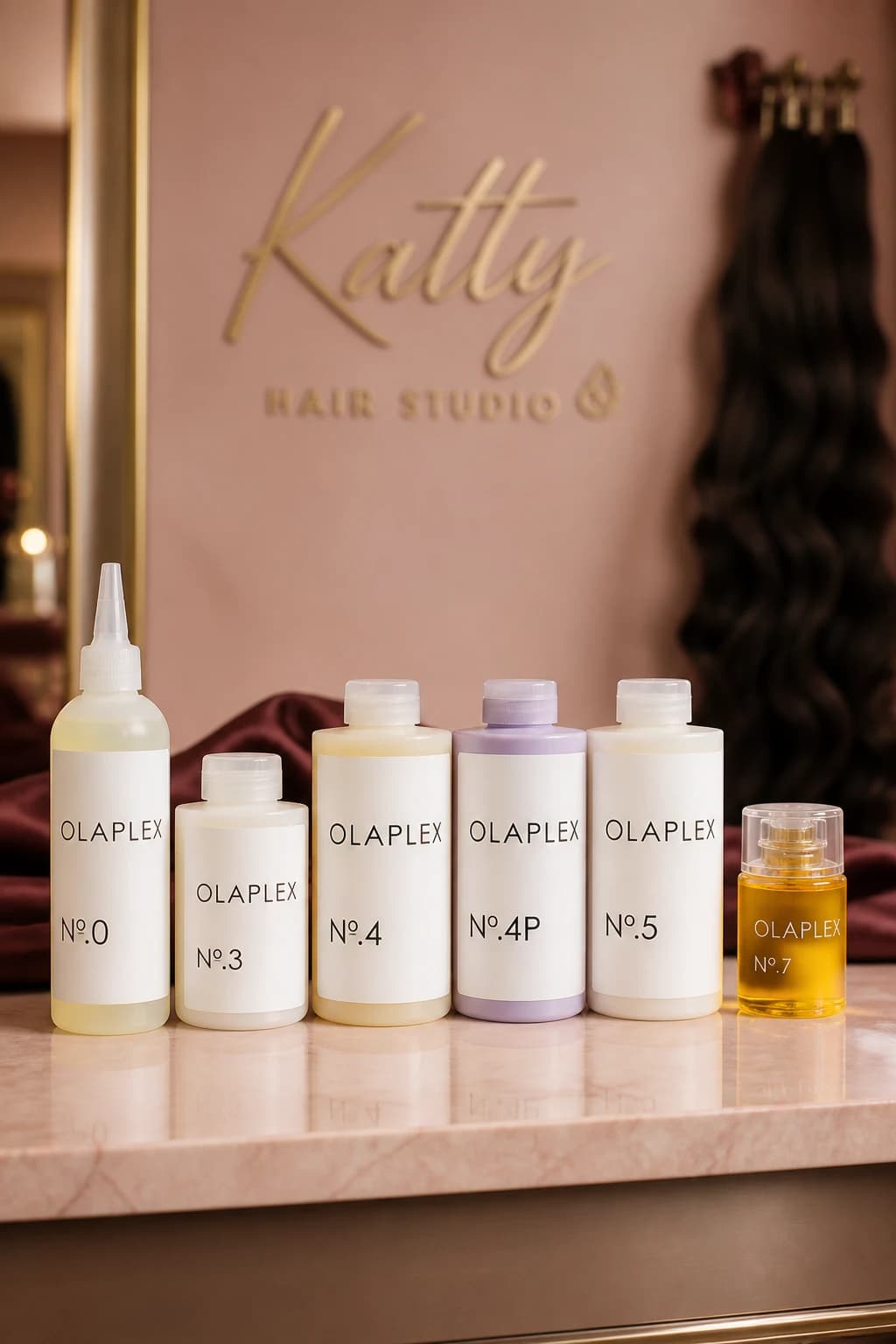 Professional hair-care products arranged on a rose-toned styling counter
