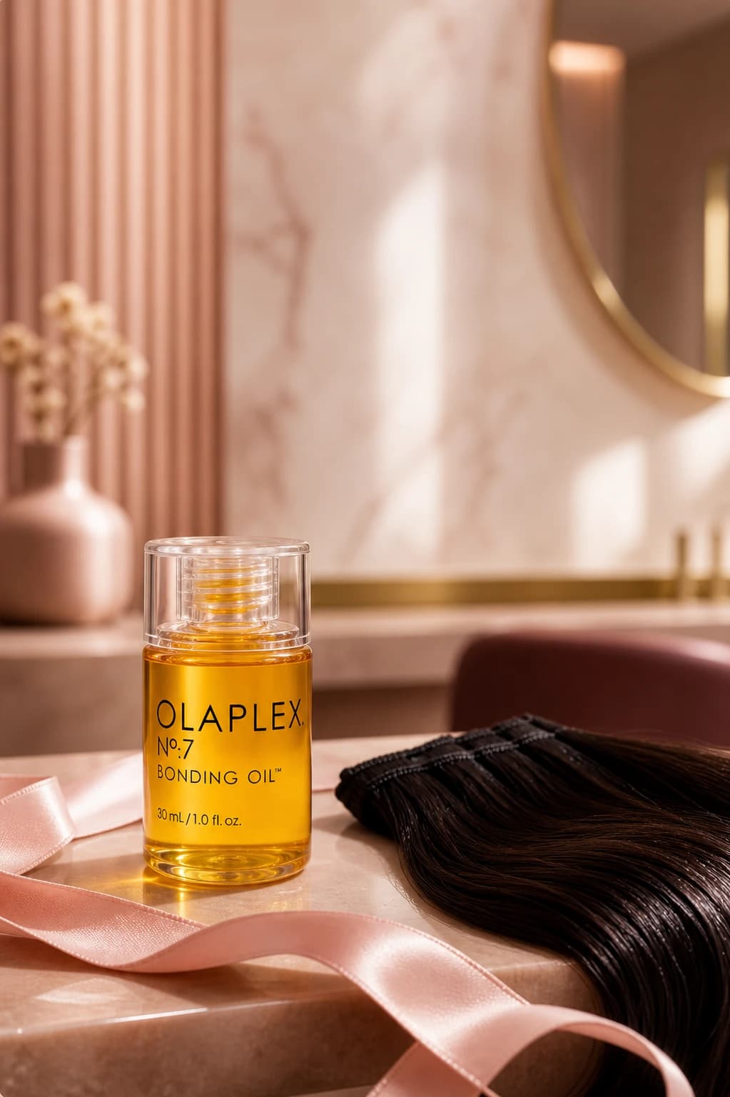 Professional hair-care products and styling tools arranged in a warm editorial still life