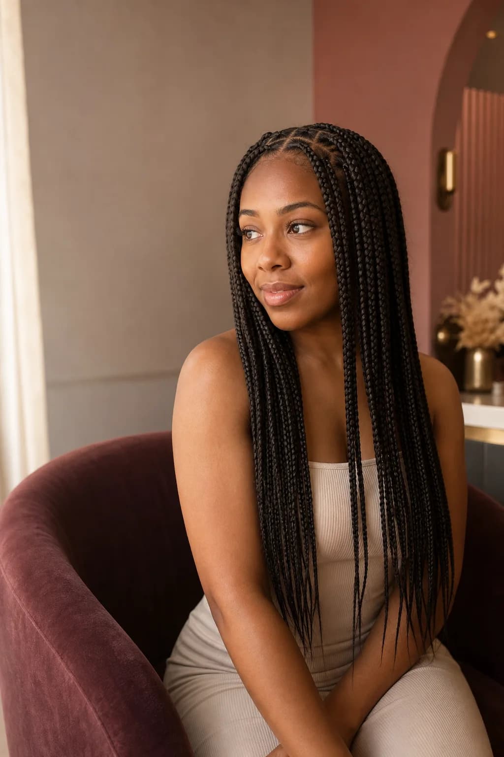 Black woman wearing long, neat box braids in a blush-toned Brentwood hair salon