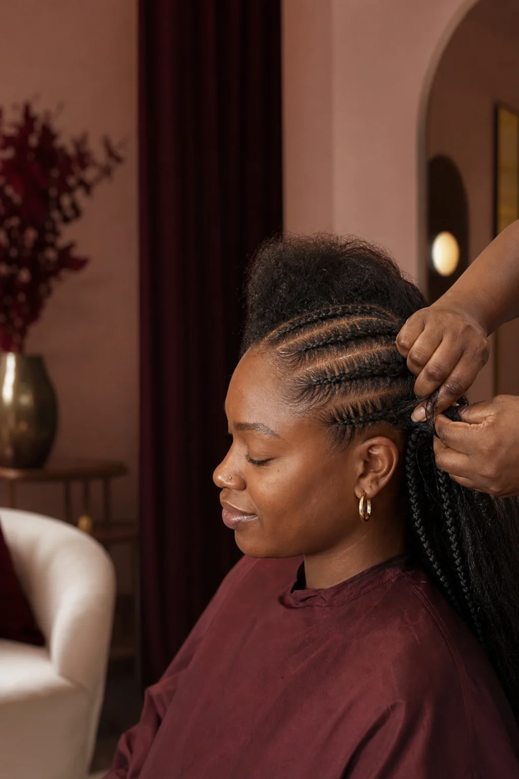 Clean hair-braiding sections and braid installation in Brentwood, Maryland Stylist creating clean braid sections on natural hair in Brentwood, Maryland