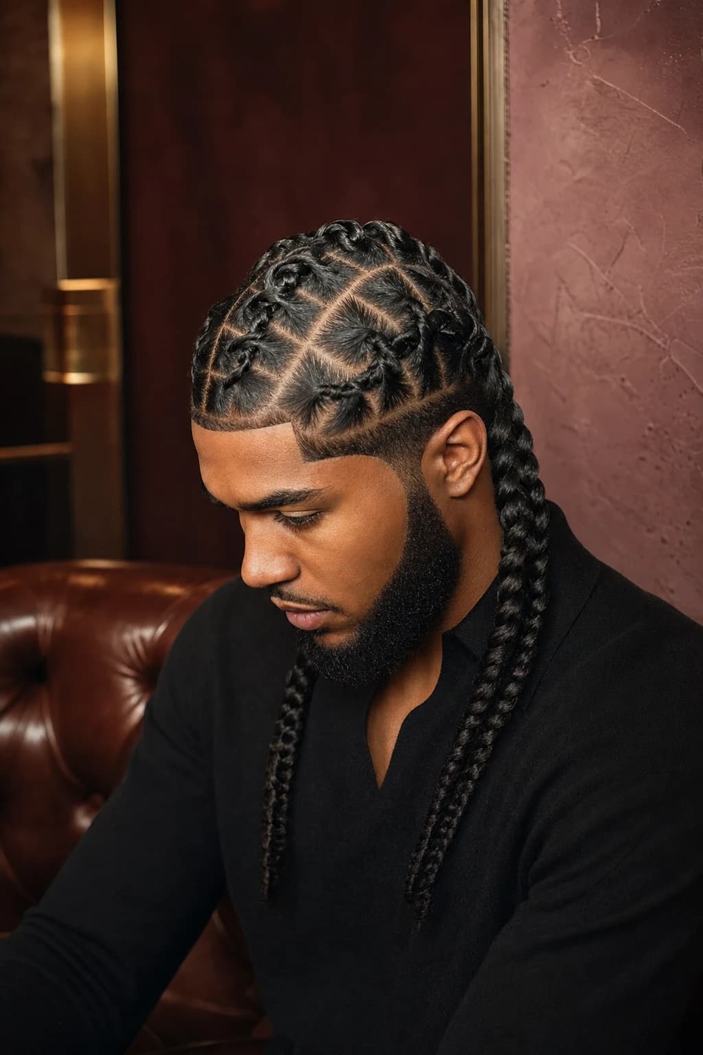 Men's braided style with sharp line-up and beard