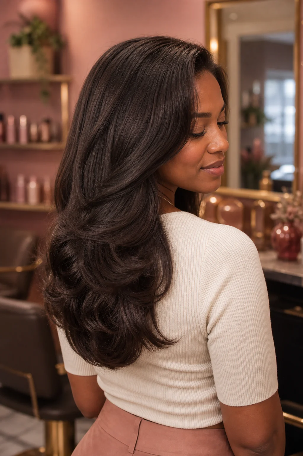 Editorial portrait of a woman with a polished layered espresso-brown blowout in a rose-toned salon